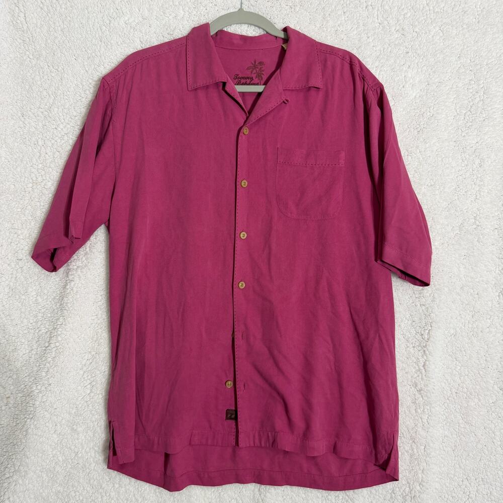 Tommy Bahama 100% Silk Shirt Mens M Pink Camp Hawaiian Short Sleeve Pocket
